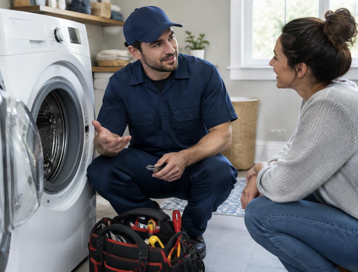 Technician explaining a washer repair to a homeowner